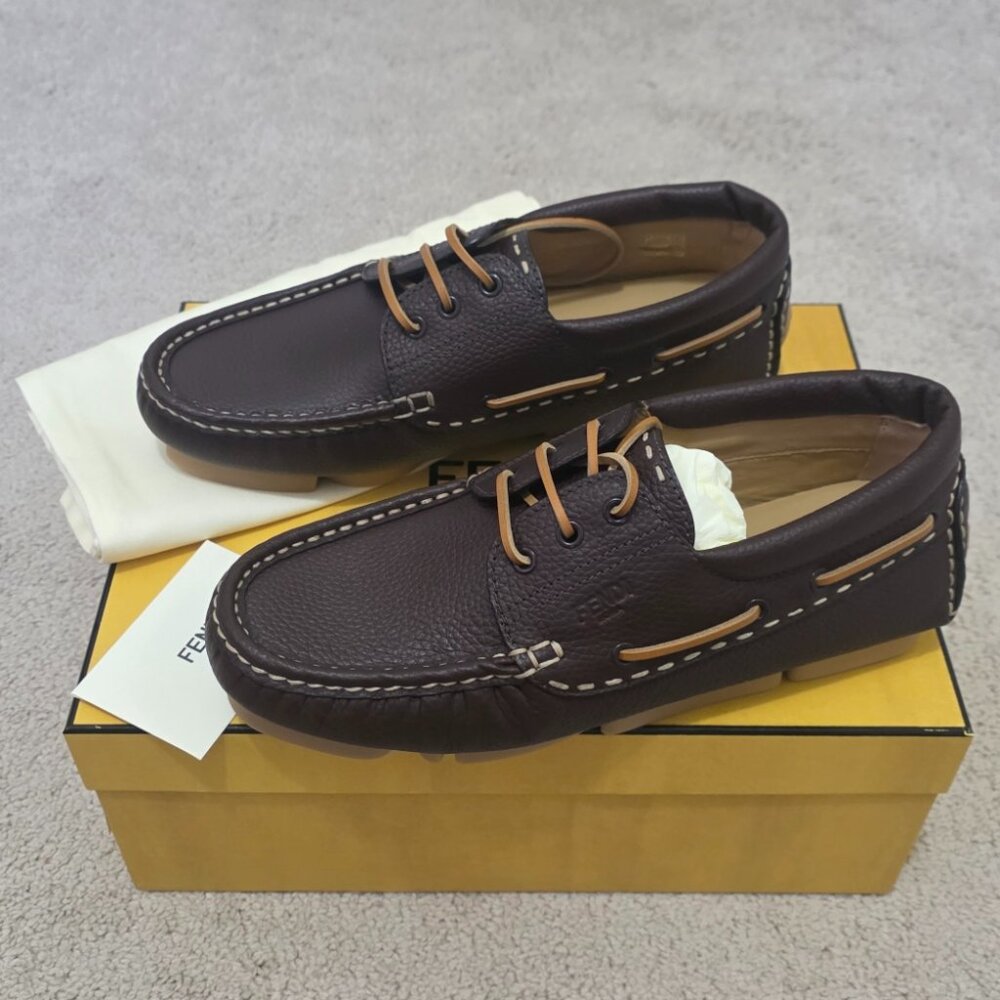 Fendi Deck Brown Leather Logo Boat Shoes Loafers Men’s Size 8 / US 9 NIB - Picture 2 of 8
